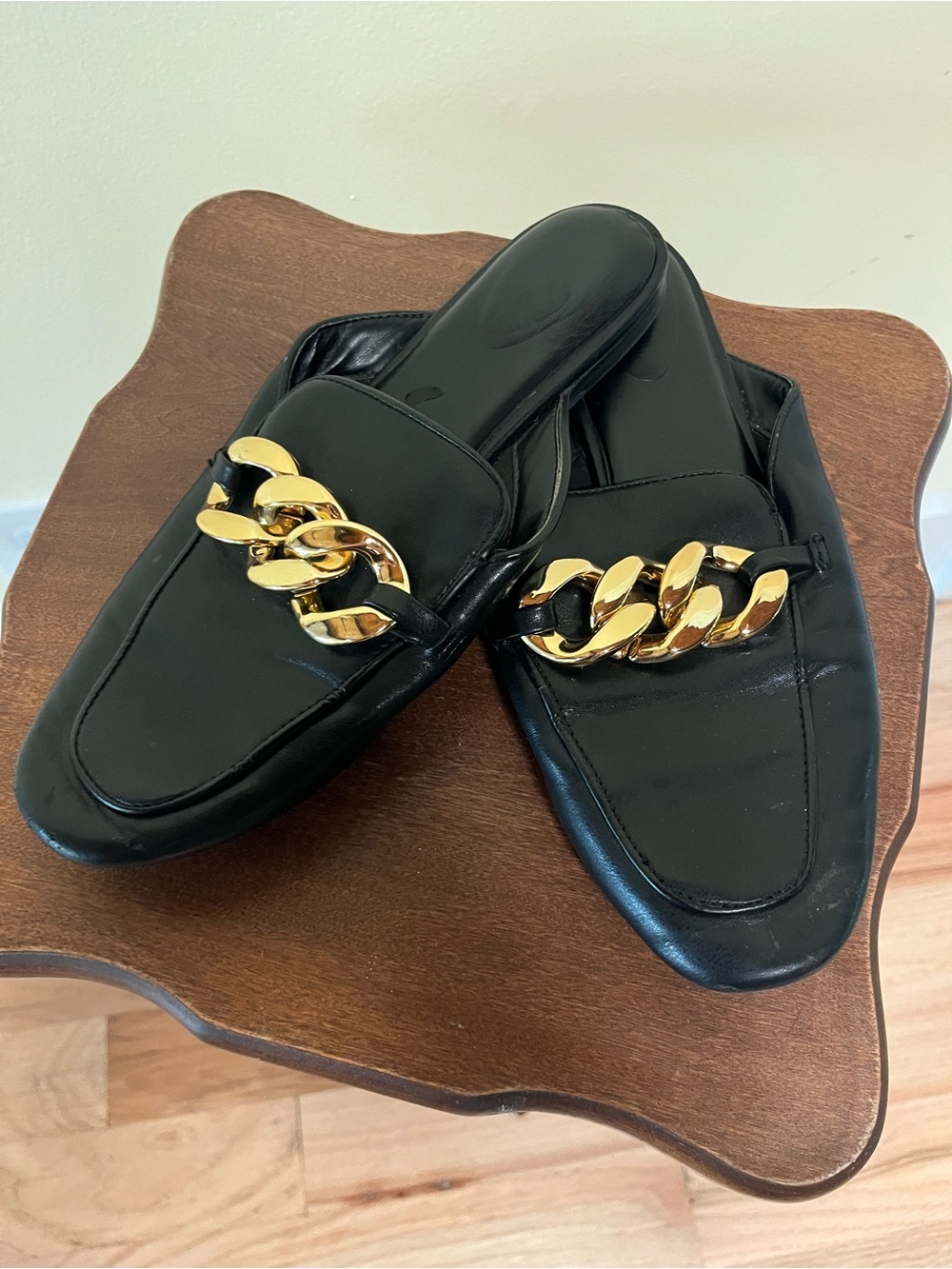 Black Slip-On Loafer Mule with Gold Chain Accent